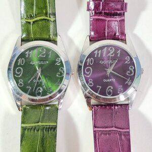 Gossip Round Face Silver Tone Wristwatch Green Plum Faux Gator Leather Band Pair